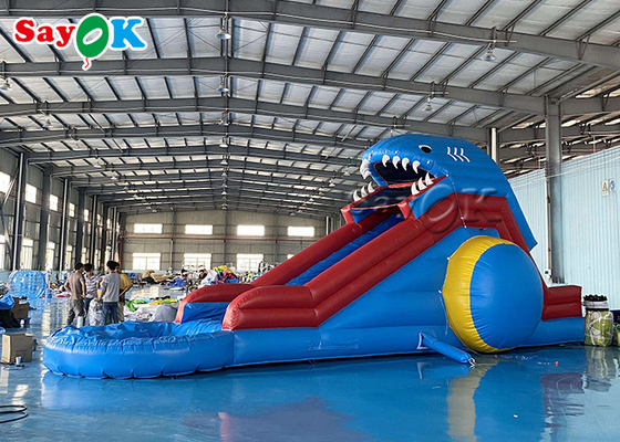 Inflatable Shark Slide ODM Blue Shark Inflatable Water Slide With Swimming Pool